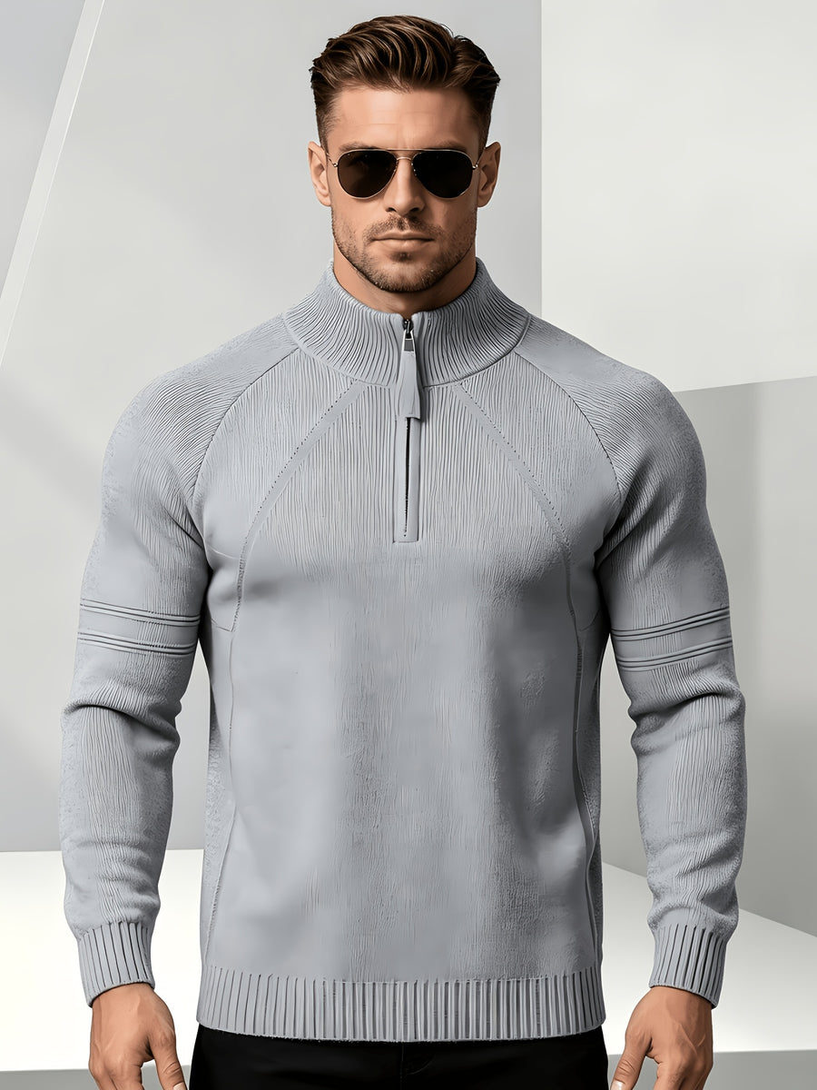 Business-casual Men's Half-zip Knit Pullover, Raglan Sleeve Textured Fabric with Ribbed Cuffs, Loose-fit Sweater, Suitable for Daily Wear, Office, and Weekend Outings in Autumn and Winter - Light Grey