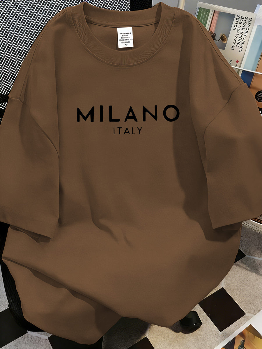 American Vintage Short-Sleeve T-Shirt with Letter Print from Milano, Italy, Featuring a Minimalist Ins Style, Loose Fit, Casual Top for Women, Perfect for High Street And Versatile Fashion - Coffee Brown