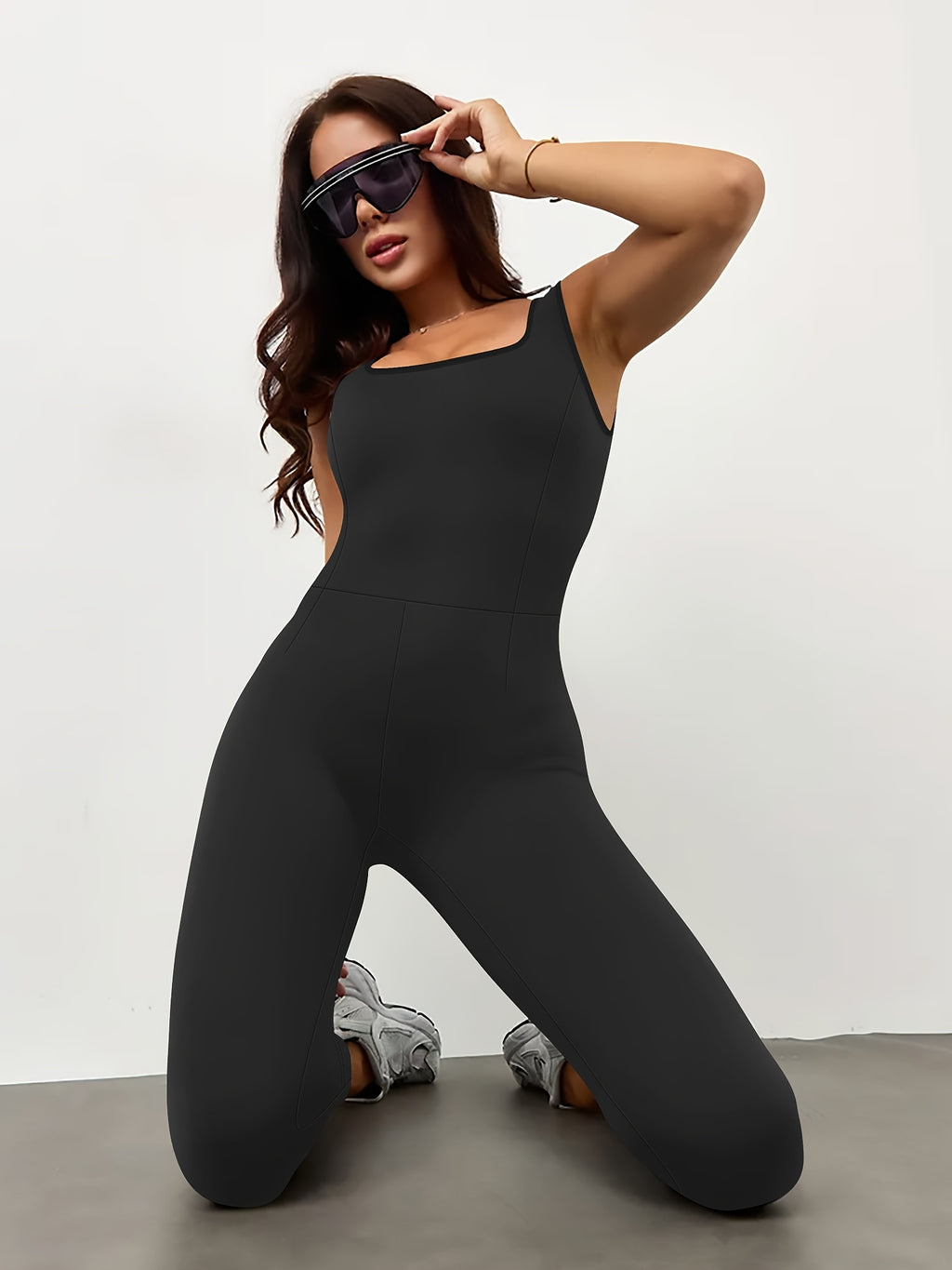 Women'S Jumpsuit Square Neck Leggings Romper - Squat-Proof, Tummy Control, Lifting, Full Length, 4-Way Stretch One-Piece Sleeveless Square Neck Tank Top Leggings Unitard - Black