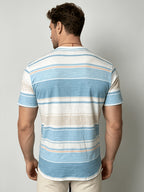 [Printed Design - Not Textured] Men'S Light Blue Thin Striped V-Neck Short Sleeve T-Shirt - Western Style Versatile Slim Fit Business Casual Top - Summer Breathable Thin Loose Shirt Men'S Clothing - Green Stripes
