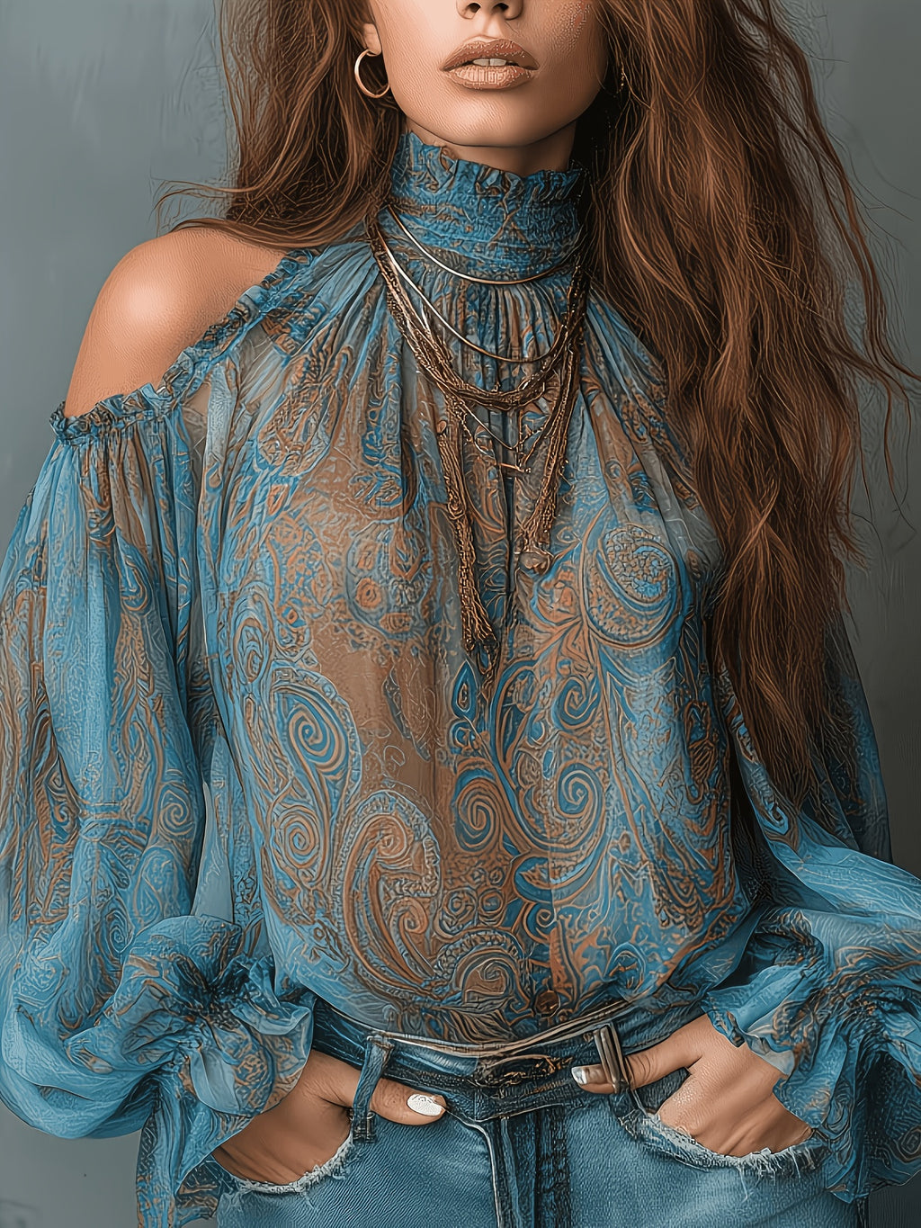 Bohemian Retro Paisley Shell Texture Chiffon Printed Sheer Off-Shoulder High Neck Long Sleeve Blouse, Fashionable Commute Spring Summer - Multicolor