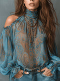 Bohemian Retro Paisley Shell Texture Chiffon Printed Sheer Off-Shoulder High Neck Long Sleeve Blouse, Fashionable Commute Spring Summer - Multicolor