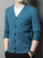 Autumn Winter Knit 3D Solid Color V-Neck Sweater, Basic Knit Cardigan for Men, Fashionable Long Sleeve Sweater, Cangyuan Y - Gray Orchid