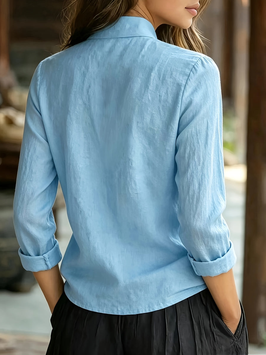 Spring Summer Easy Relaxed New Chinese Style Stand Collar Front Button-Up Long Sleeve Shirt - Light Blue