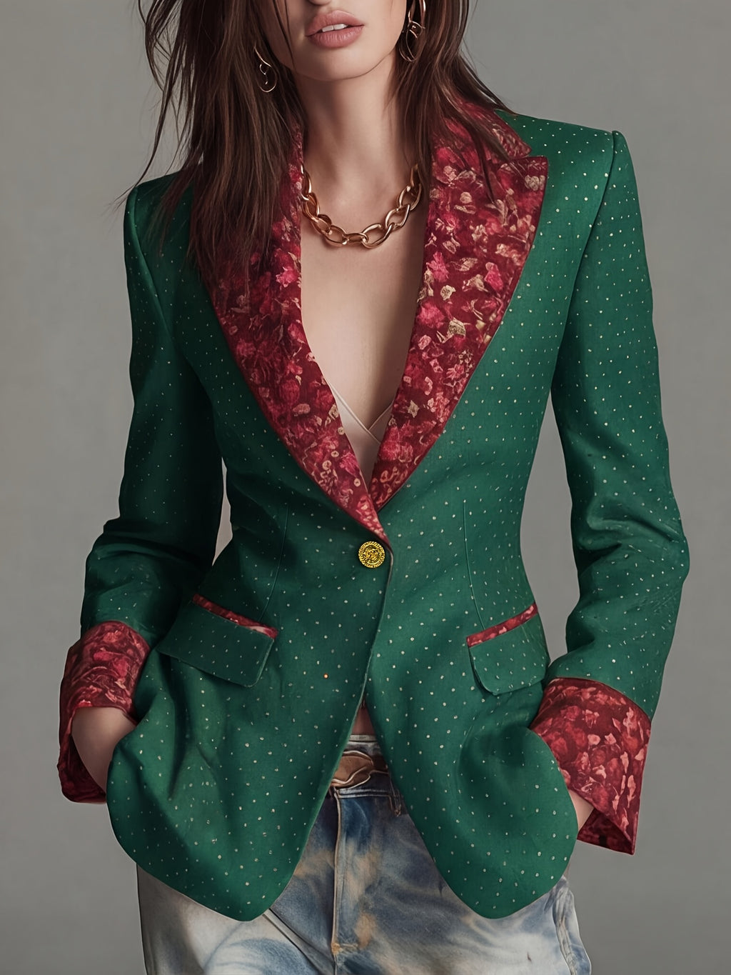 Women'S New Style Temperament Polka Dot Printed Sleeve And Collar Patchwork Floral Fashion Commuter Waist-Cinching Suit Jacket with Lining And Pockets - Green