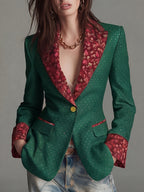 Women'S New Style Temperament Polka Dot Printed Sleeve And Collar Patchwork Floral Fashion Commuter Waist-Cinching Suit Jacket with Lining And Pockets - Green