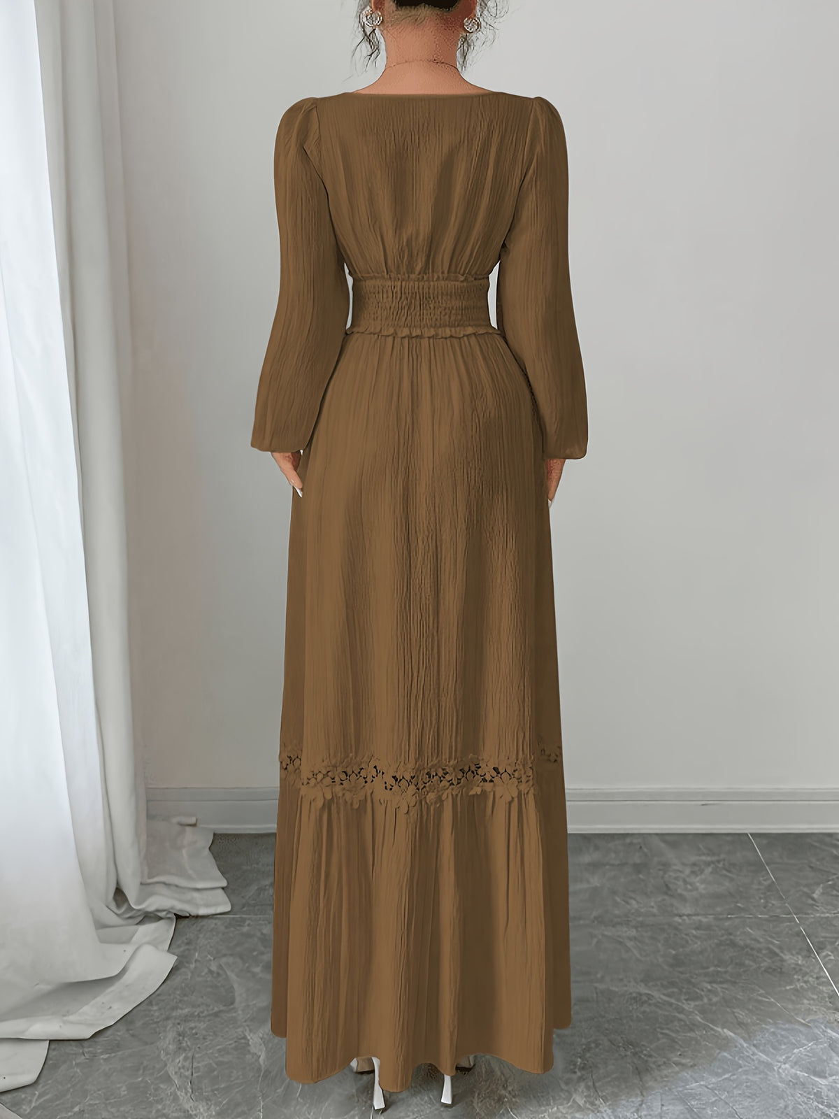 New Spring/autumn Cream Yellow French Ruffle Square Neckline Elegant Slim-fit Long-sleeved Dress, Women's Autumn - 【Brown】