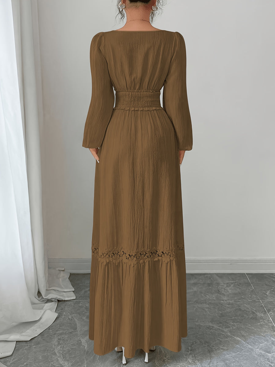 New Spring/autumn Cream Yellow French Ruffle Square Neckline Elegant Slim-fit Long-sleeved Dress, Women's Autumn - 【Brown】