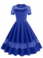 Vintage 50s Women's Dress with Round Neck, Lace Trim, and Short Sleeves - Blue