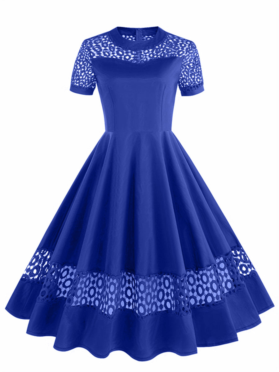 Vintage 50s Women's Dress with Round Neck, Lace Trim, and Short Sleeves - Blue