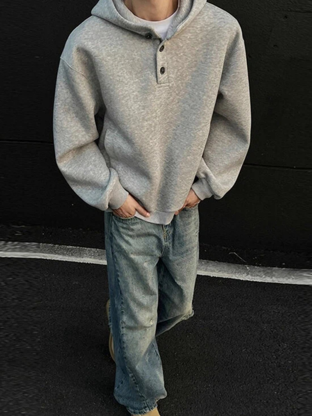 2026 New Arrival Unisex Henley Collar Hoodie Oversized Loose Fit Casual Lazy Street Style Long Sleeve Pullover Tops Men Women Suitable Daily Wear Outdoor Hangout Leisure Activities Sizes Range - Grey