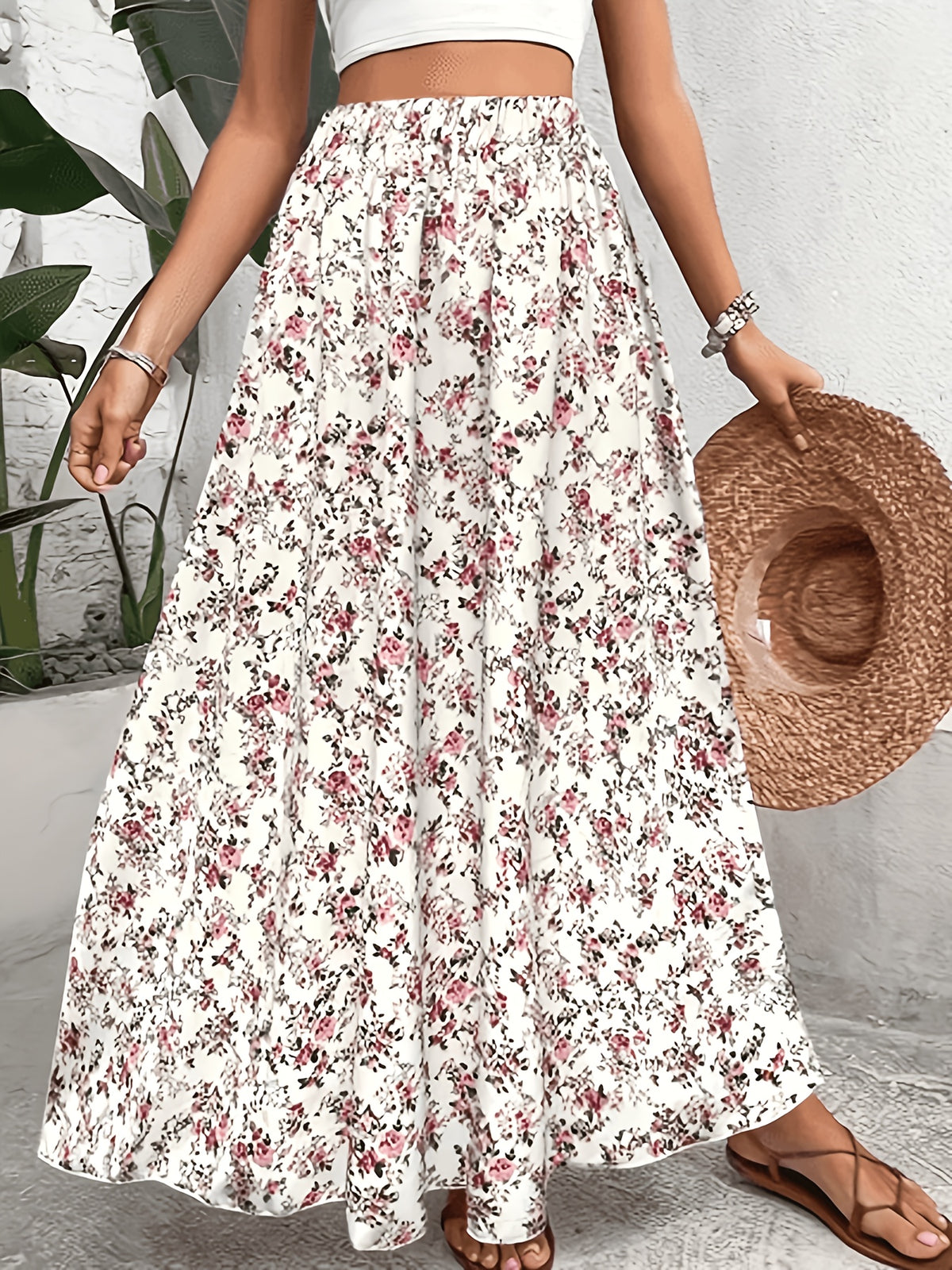 Elastic Waist Fashion Print Long A-Line Casual Versatile Midi Skirt - Apricot