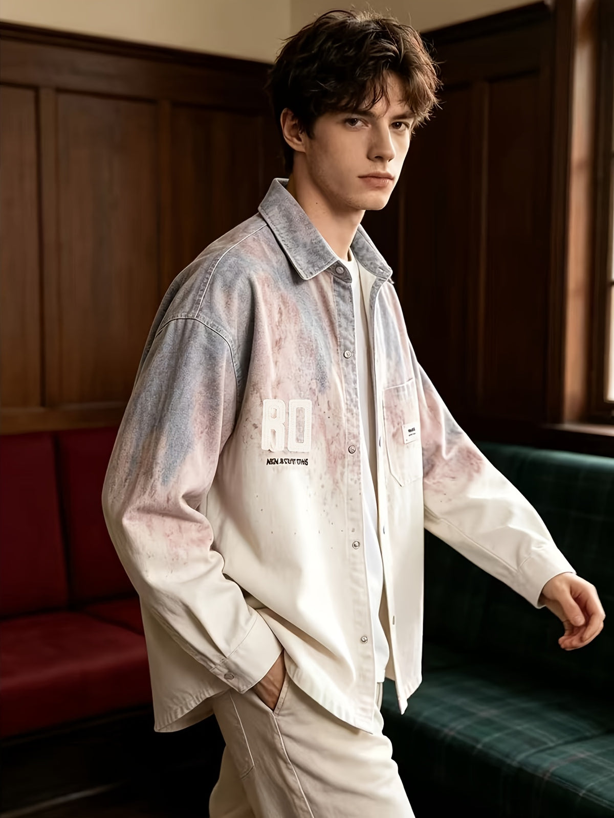 [Pearson OBM] Faux Denim Jacket Outerwear Gradient Long Sleeve Cardigan Couple Style Versatile Top Long Sleeve Shirt - Pink Color
