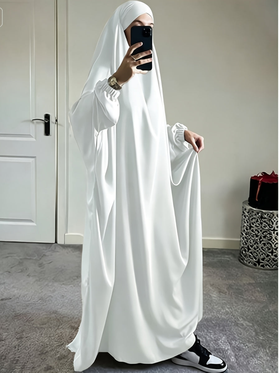 1pc Jilbab, 1pc Khimar with a Rich Drape, Cuffed Sleeves, and a Loose Fit, Suitable for Busy Daily Wear or Worship - White