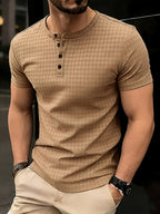 Men'S Waffle Grid Henley Short Sleeve T-Shirt, Houndstooth Jacquard American Vintage Summer Casual Loose Henley Collar All-Match Commute Short Sleeve Top - Coffee Brown