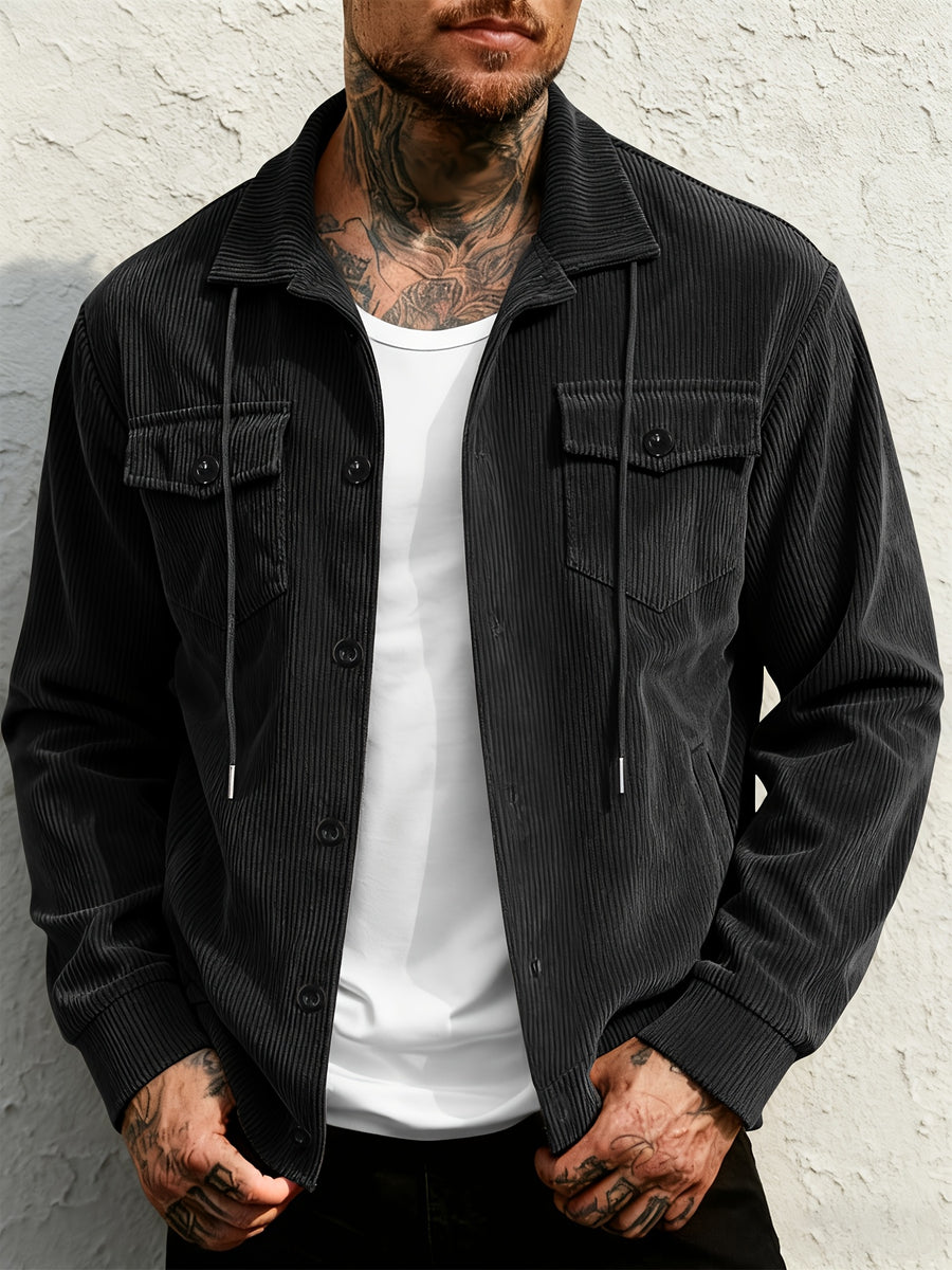 Men'S Corduroy Button-Up Shirt with Pocket And Drawstring Detail, Casual Long Sleeve Blouse for Daily Street Style, Gift Idea - Black
