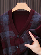 Men's Autumn and Winter Knitted Cardigan Sweater, Classic Striped Design Thickened with Pockets, Gift for Men, Suitable for Casual, Business, and Sports Knitted Outerwear Top - Red