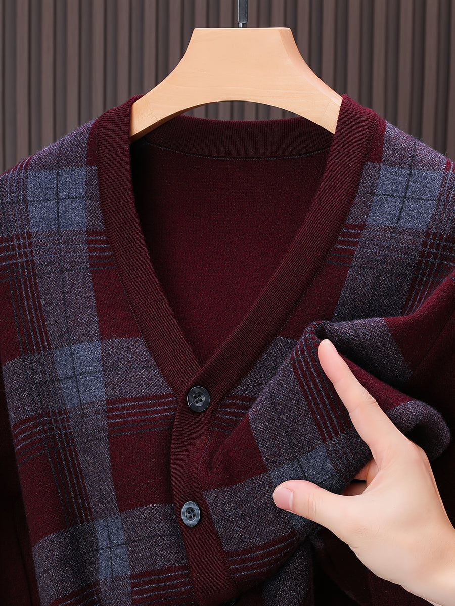 Men's Autumn and Winter Knitted Cardigan Sweater, Classic Striped Design Thickened with Pockets, Gift for Men, Suitable for Casual, Business, and Sports Knitted Outerwear Top - Red