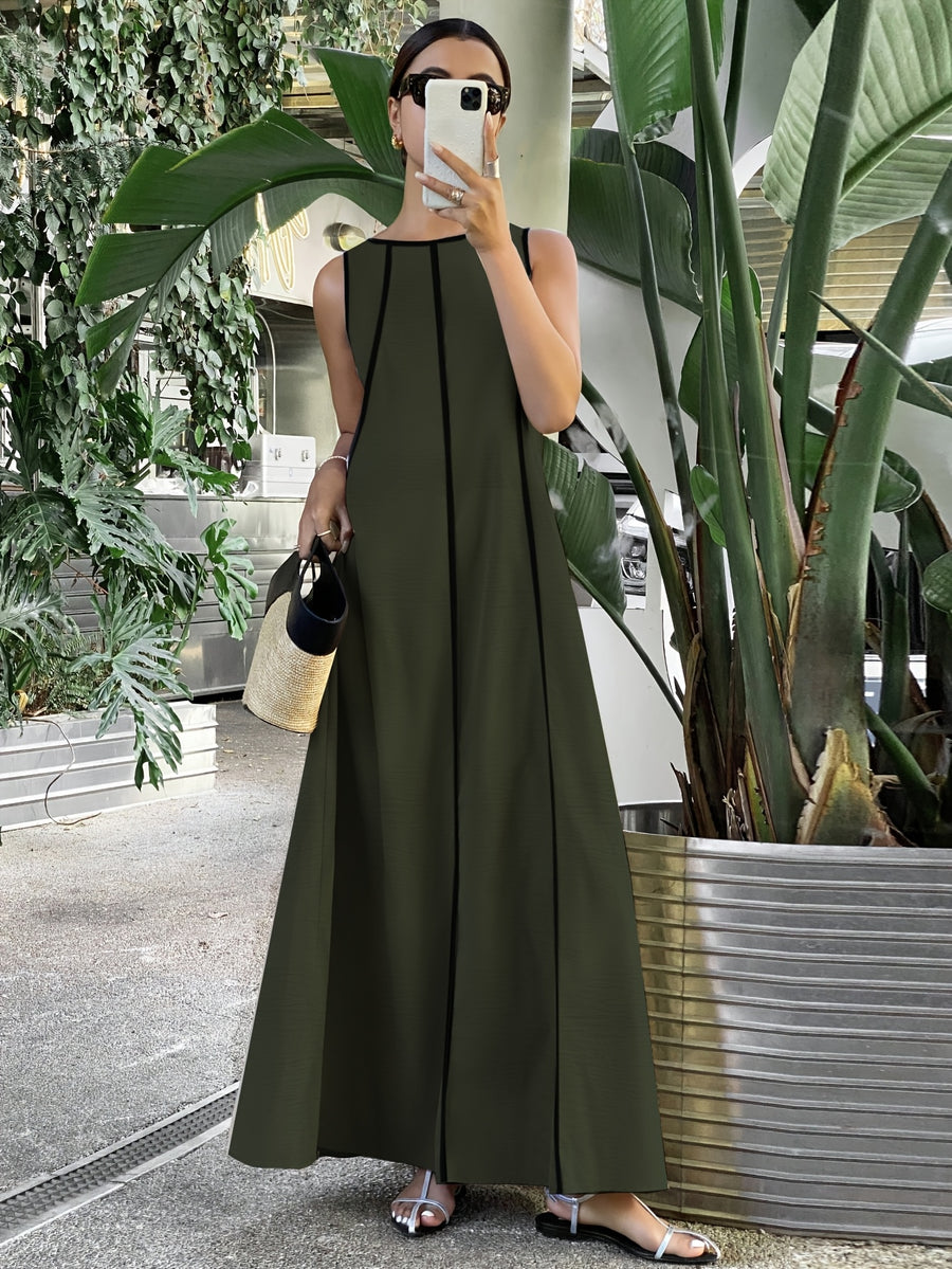 [Size for Regular Fit] Women's Simple Vacation Loose-Fit Comfortable Color-Block Contrast Trim Long Tank Dress - Tactical Green