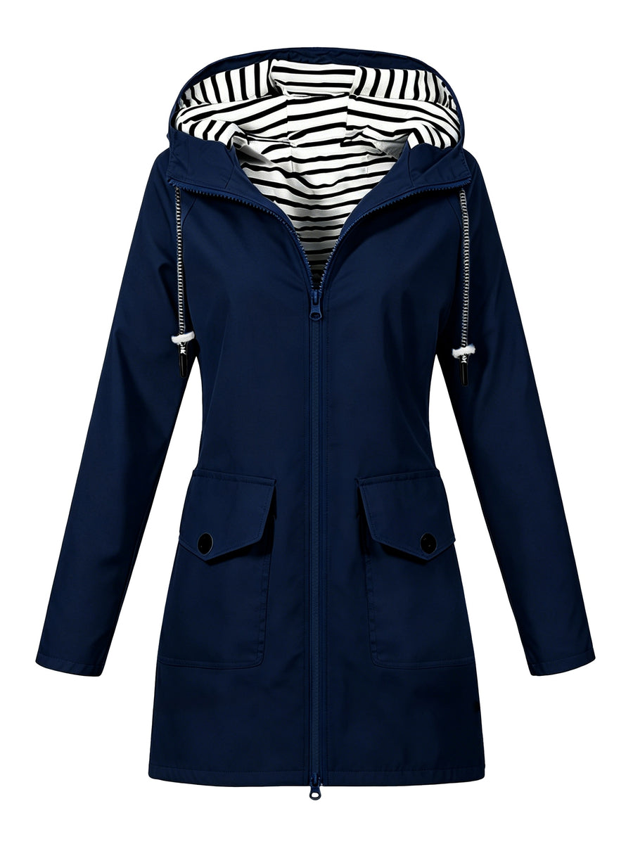Women'S Hooded Outdoor Pocket Zipper Casual Mid-Length Trench Coat - Navy Color