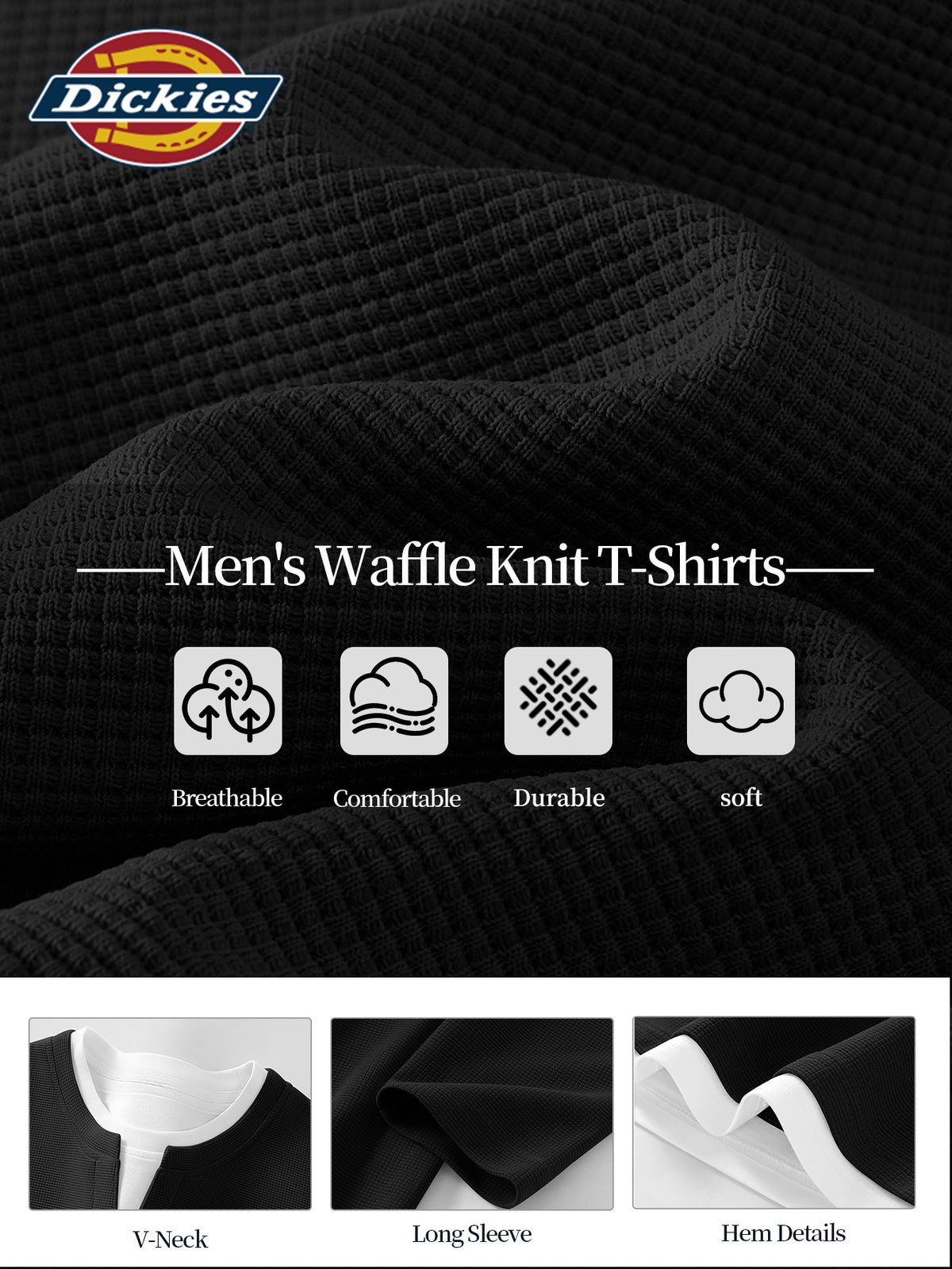 Dickies 2026 New Faux Two-Piece Structured Long Sleeve T-Shirt Waffle Fabric Men'S All-Season Trendy American Retro Cut Design Statement Tee Men'S Waffle Faux Two-Piece V-Neck Long T - Black