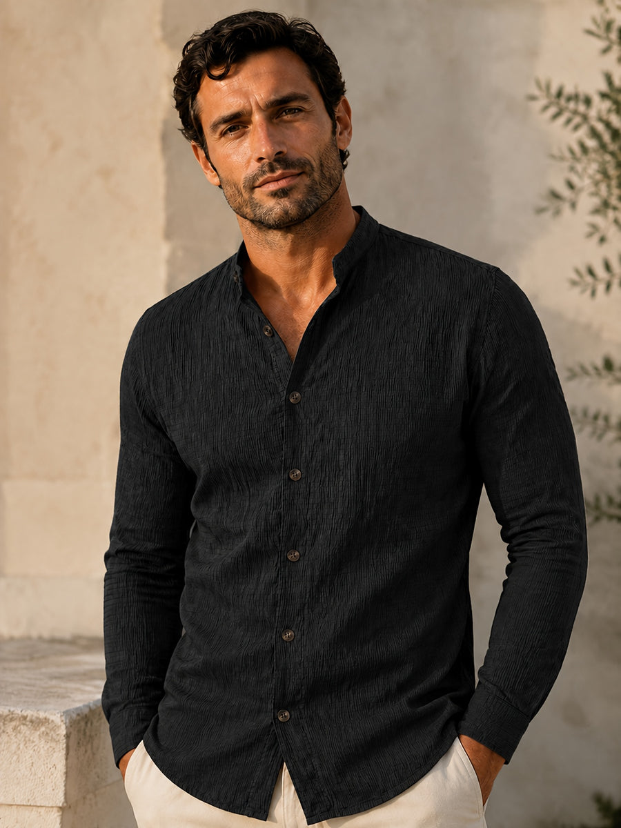 [Know And Give OBM] 3pcs Men'S Casual Long Sleeve Shirts - Lightweight Breathable Solid Color Stand Collar Summer Shirts, Adjustable Cuff with Double Buttons, Suitable for Beach Vacations, Pool Parties, And Outdoor Activities, Ideal Gift - Navy blue+white+black