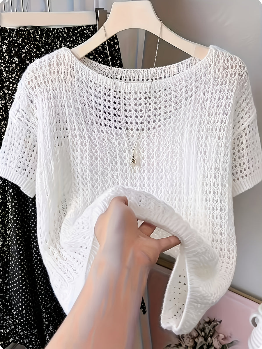 Women's Hollow Out Short Sleeve Blouse Sweater - Semi-Sheer Crochet Round Neck Lightweight Summer Top, Breathable Loose Pullover Blouse Suitable for Daily Wear & Vacation, Machine Washable Solid Color Crochet Knitwear - White