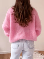 French Lazy Round Neck Sweater Early Autumn Early Winter Oversized Lantern Long Sleeve Women'S Soft Plush Skin-Friendly -Concealing Single Piece Versatile Inner Wear Outer Wear Commute Date Travel Casual Relaxed Atmosphere Pullover Top ASD1 - Pink Color