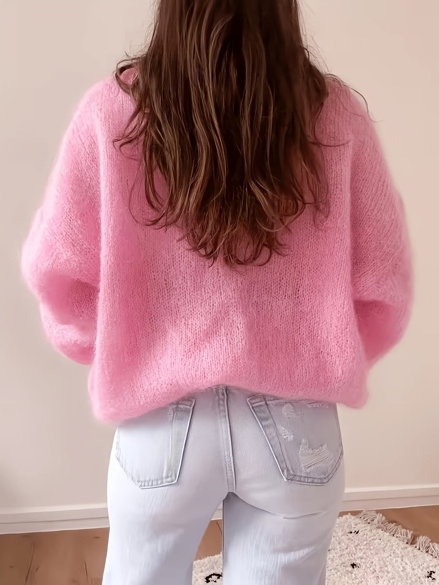 French Lazy Round Neck Sweater Early Autumn Early Winter Oversized Lantern Long Sleeve Women'S Soft Plush Skin-Friendly -Concealing Single Piece Versatile Inner Wear Outer Wear Commute Date Travel Casual Relaxed Atmosphere Pullover Top ASD1 - Pink Color