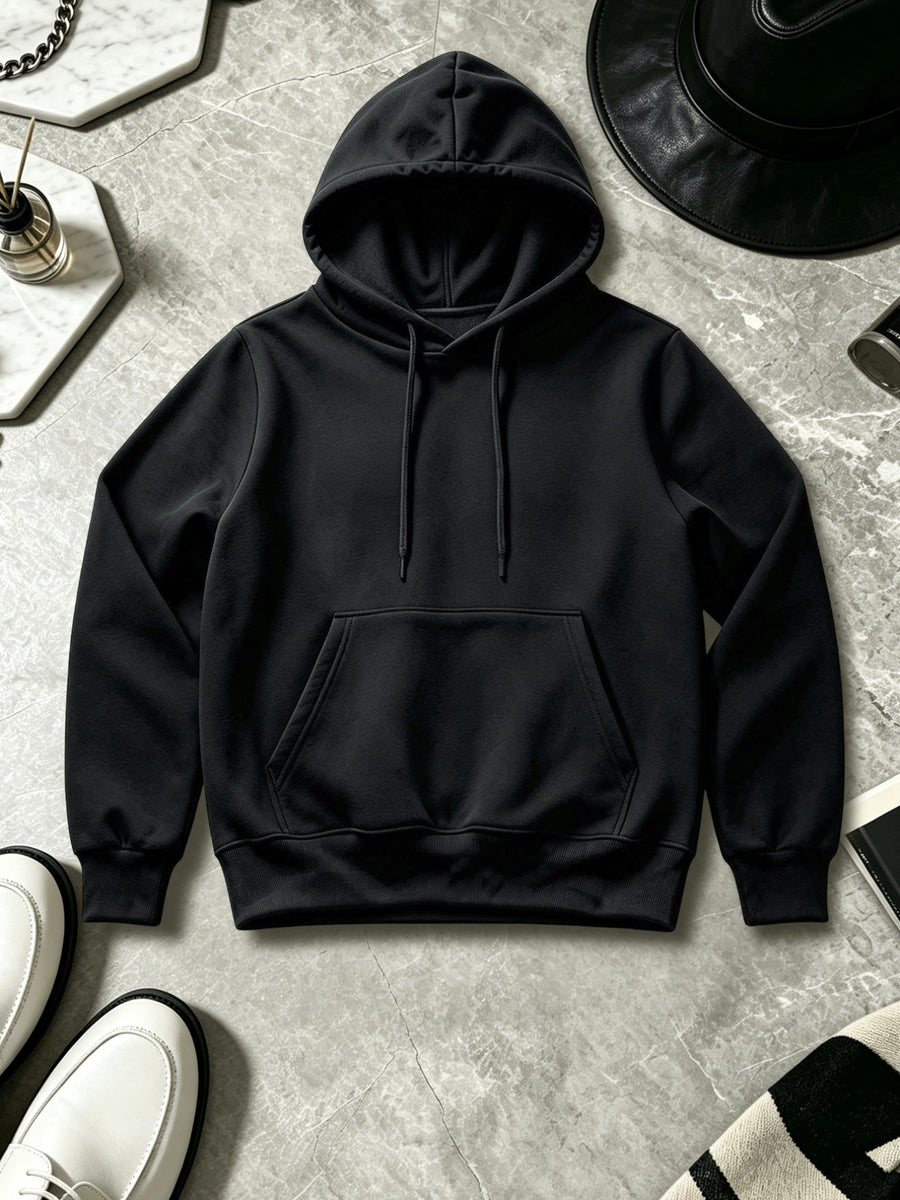 Solid Color Men'S Athletic Hooded Sweatshirt - Regular Fit with Front Kangaroo Pocket, Machine Washable, Casual And Sporty Style, Comfortable for Daily Wear - Casual Long Sleeve with Hood - Black