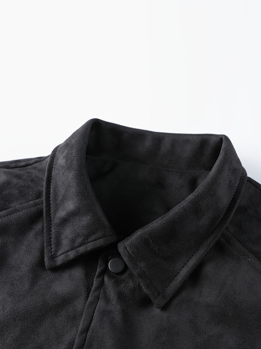 Oversized Drop-Shoulder -Like Solid Color Jacket, Trendy American High Street Vintage Workwear Outerwear, Casual Spring/Autumn Fashion Lapel Cardigan Top - Black