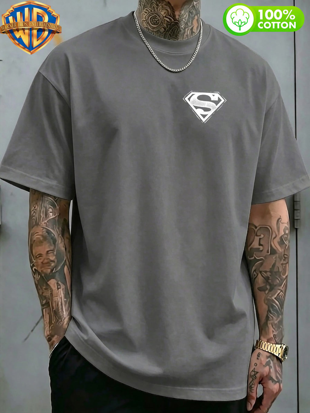 1pc WB Warner Bros. Official DC Superman Icon T-Shirt - Men's & Unisex Vintage Print, 100% Cotton Loose Fit Short Sleeve Tee with Superman, Casual Round Neck Shirt Suitable for Gym, Office, Daily Wear - Father's Day Gift for - Dark Gray