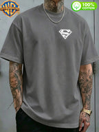 1pc WB Warner Bros. Official DC Superman Icon T-Shirt - Men's & Unisex Vintage Print, 100% Cotton Loose Fit Short Sleeve Tee with Superman, Casual Round Neck Shirt Suitable for Gym, Office, Daily Wear - Father's Day Gift for - Dark Gray