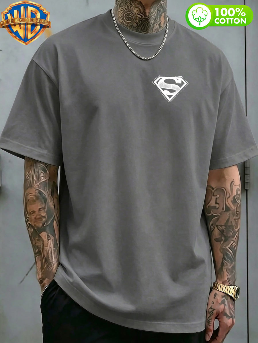 1pc WB Warner Bros. Official DC Superman Icon T-Shirt - Men's & Unisex Vintage Print, 100% Cotton Loose Fit Short Sleeve Tee with Superman, Casual Round Neck Shirt Suitable for Gym, Office, Daily Wear - Father's Day Gift for - Dark Gray