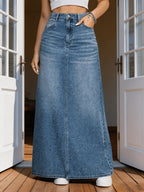 LATINA STYLE A-LINE FLARED MAXI DENIM SKIRT VINTAGE WASHED LONG JEAN SKIRT with POCKETS - Sea Blue