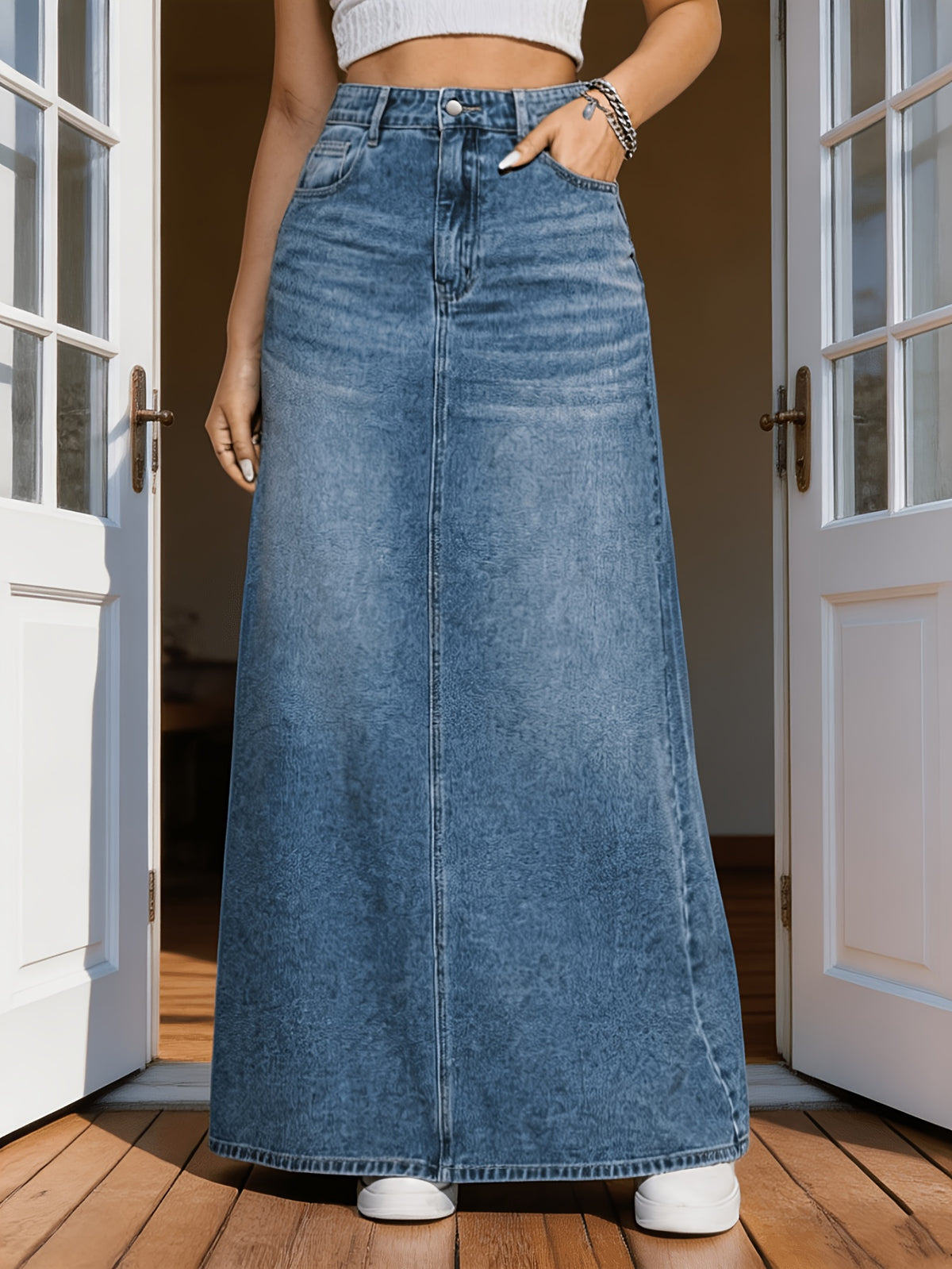 LATINA STYLE A-LINE FLARED MAXI DENIM SKIRT VINTAGE WASHED LONG JEAN SKIRT with POCKETS - Sea Blue
