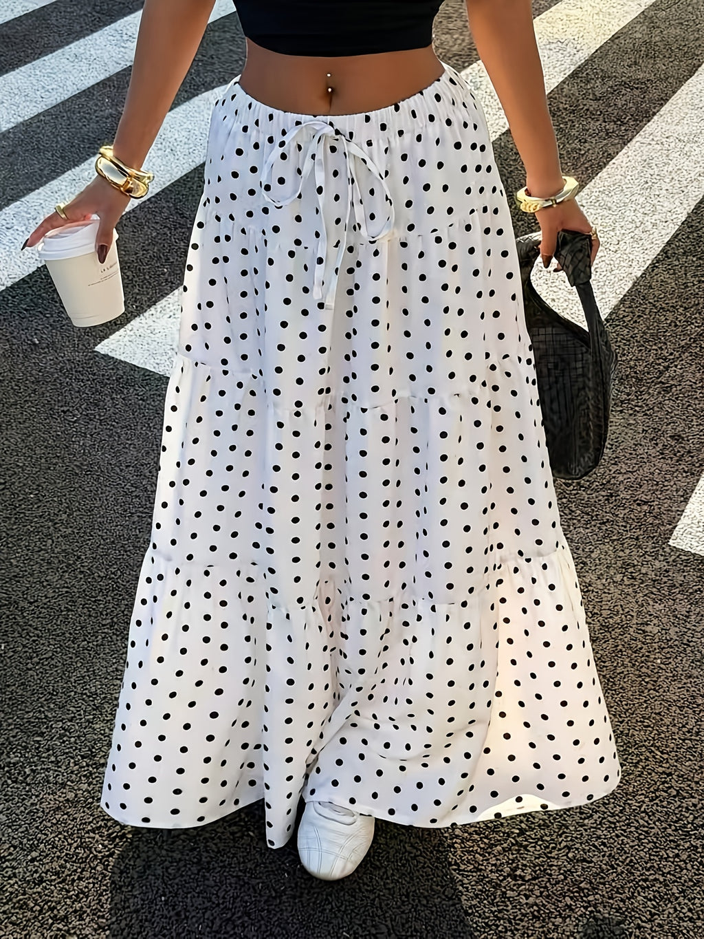 Women's Polka Dot Print Layered Long Skirt - Light White+Black Color