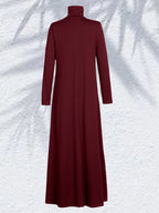 Women'S High Neck Long Sleeve Casual Loose Solid Color Long Dress - Burgundy