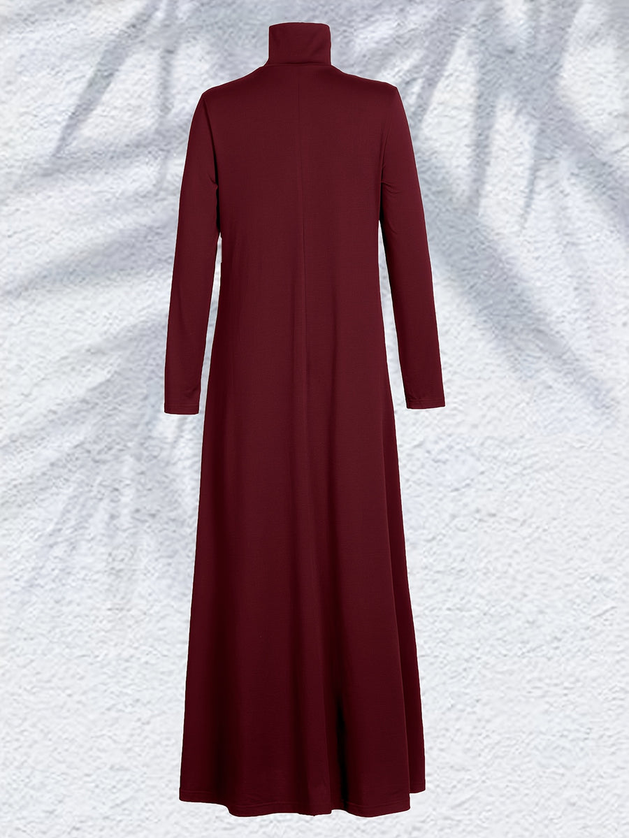 Women'S High Neck Long Sleeve Casual Loose Solid Color Long Dress - Burgundy