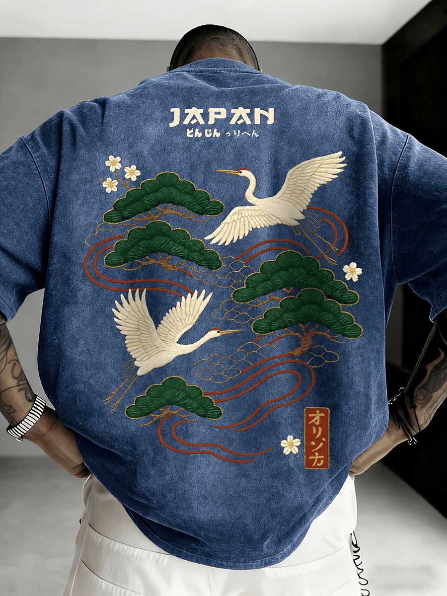 Printed Design - Not Textured: Tang Yunshu American Sporty Style Trendy Men's Japanese National Chic Printed Short Sleeve Shirt, Distressed Washed Finish + Exquisite Crane and Pine Tree Pattern, Crisp Wrinkle-Resistant and Wear-Resistant Fabric - Sky Blue