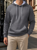 Men's Long Sleeve Pullover Hoodie, Solid Dark Gray, Regular Fit, Drawstring Hood, Ribbed Cuffs and Hem, Front Pocket, Polyester, Casual, for Daily Wear Weekend Leisure, Spring and Autumn - Mixed colors