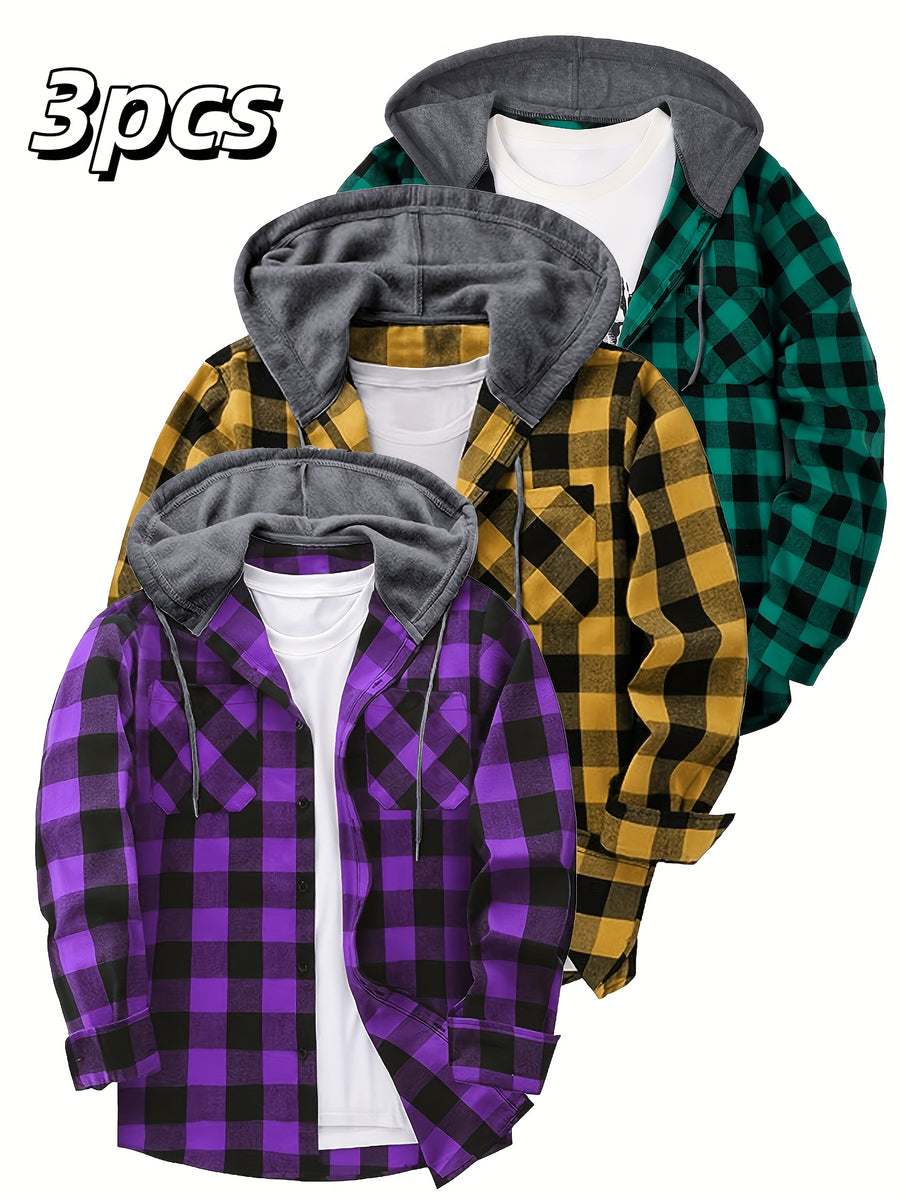 3pcs Men's New York Fashion Trendy Plaid Shirt Hooded Plaid Sweatshirt Flannel Hoodie - Purple+yellow+green
