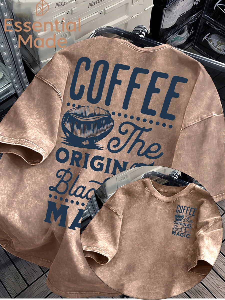 American High Street COFFEE Coffee Bean Cafe Themed Letter Print Distressed Washed Short-Sleeve T-Shirt - Loose Fit Casual American Vintage Style Men's Washed T-Shirt Casual Top - Coffee Brown