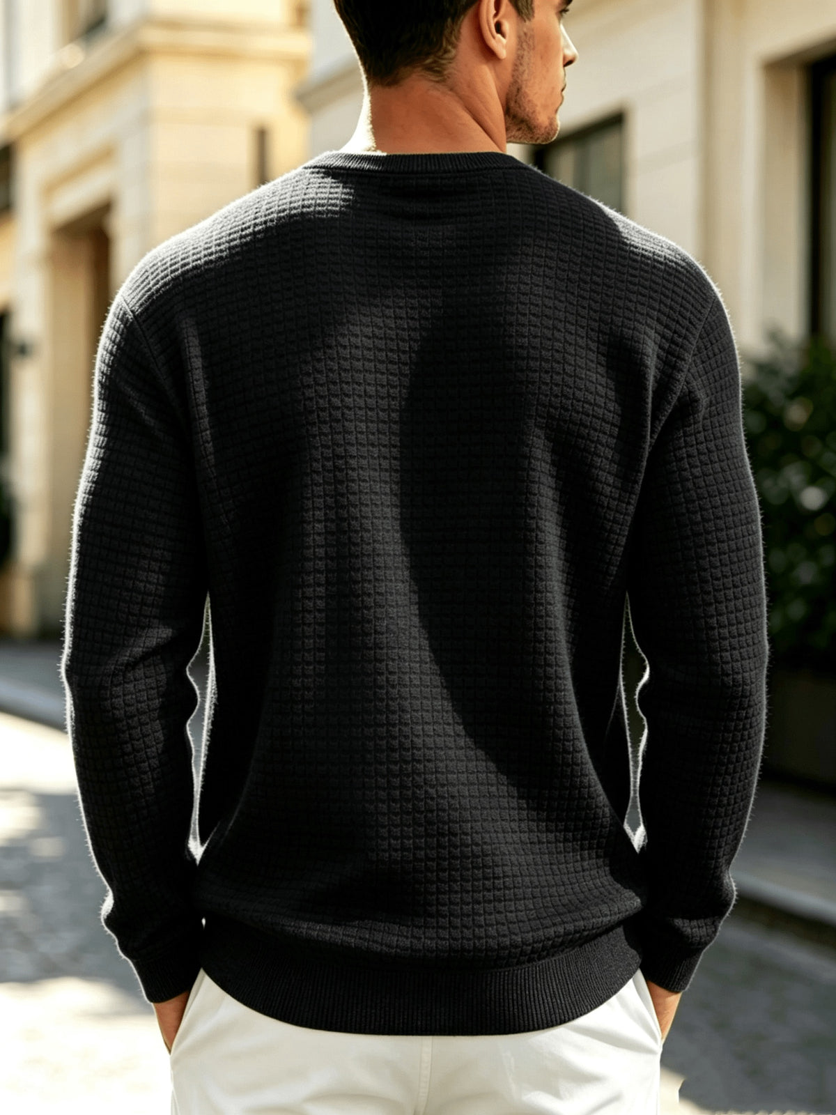 Men'S Knit Round Neck Solid Small Checkered Pullover Sweatshirt, Casual Easy Fashion Trendy Square Premium Men'S Clothing - Black
