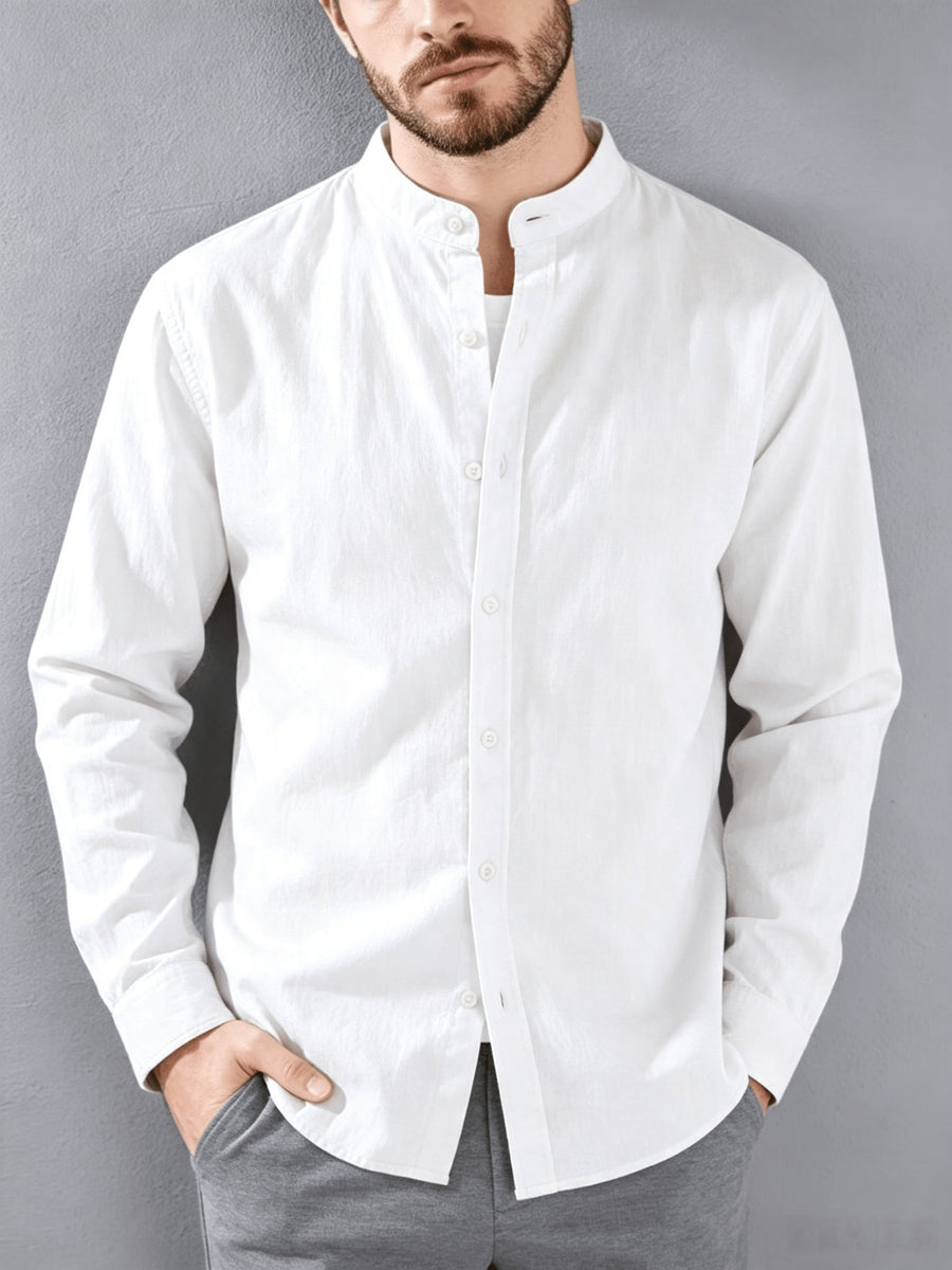 [Know And Give OBM] Men'S Long Sleeve Button-Casual Beach Shirt - Spring Summer Autumn, Commute Style, Light Mature Casual, All-Match Top, Beach Wear, Stand Collar Shirt with Relaxed Fit, Men'S Solid Color, Comfortable Top - White