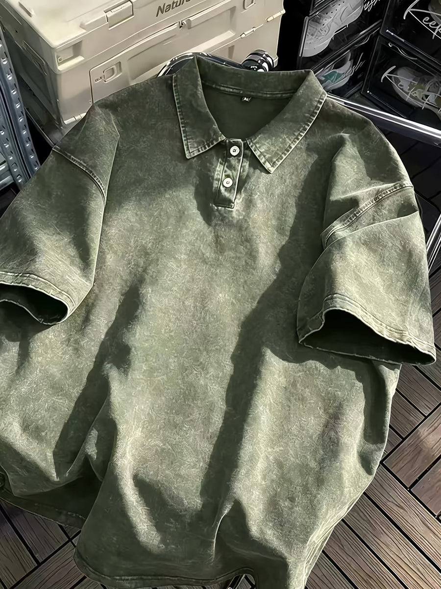 New American Hip-Hop Punk Style Washed Black Short Sleeve Lapel Loose T-Shirt for Men And Women - Retro Distressed Design, Lightweight And Breathable Fabric, Streetwear Trendy Loose Top, Suitable for Casual Wear And Outerwear - fern green