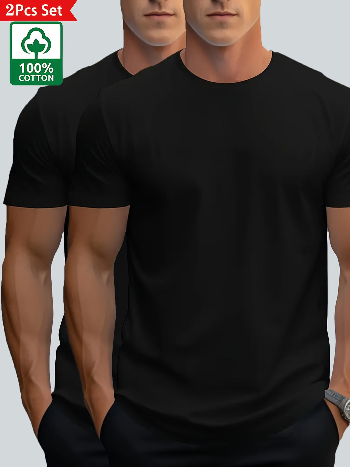 2pcs Men'S Premium 100% Sports Casual T-Shirt, Trendy Tees, Black Tees for Men, Breathable And Sweat-Absorbing Short Sleeves for Summer, Round Neck Short Sleeves, Men'S Comfy Clothing Tops for Daily Vacation - Black