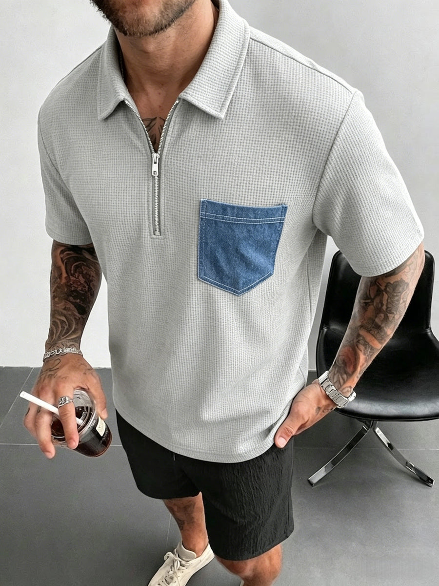 Spring Summer Men'S Easy Half-Zipper Collar Short Sleeve T-Shirt Faux Denim Patch Pocket Casual Polo Shirt Comfortable All-Match - Grey