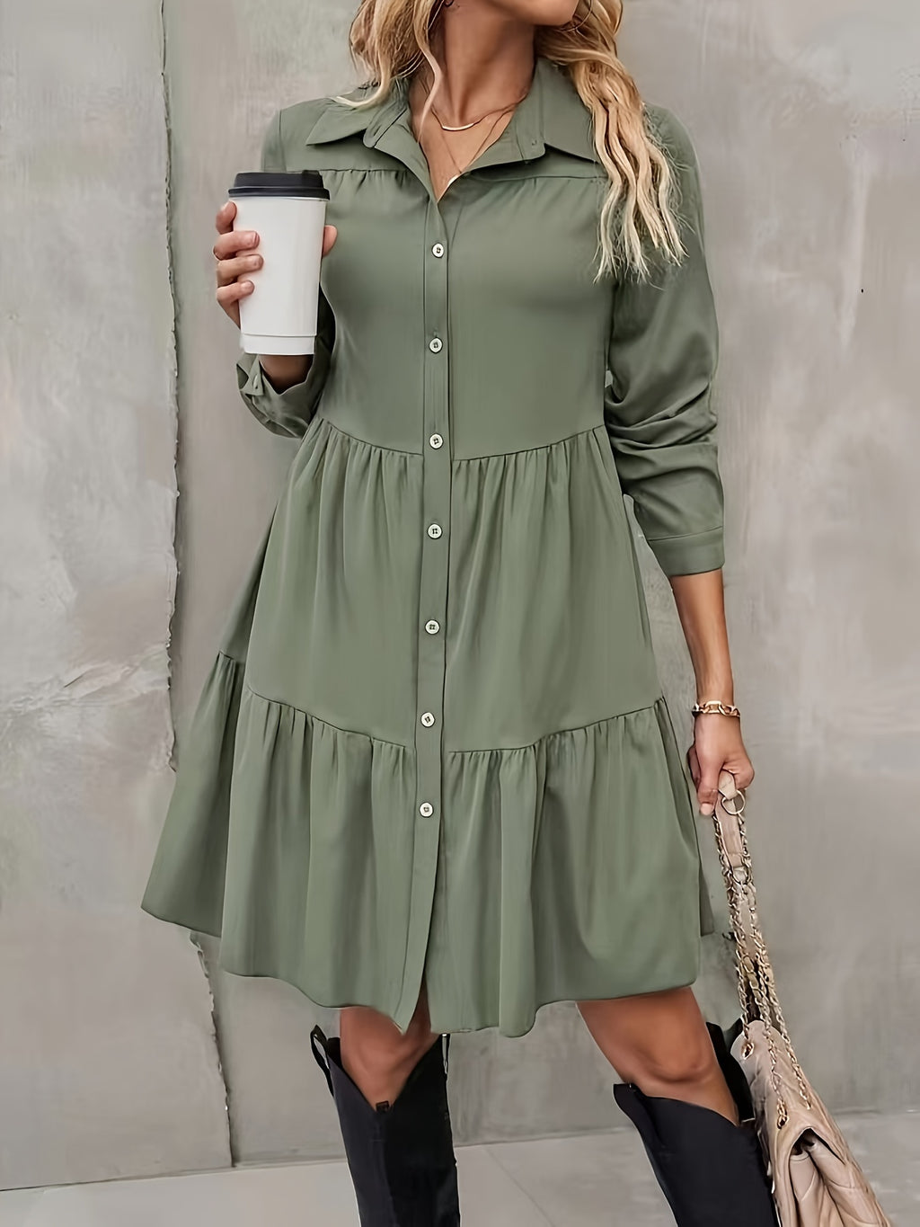 Elegant Long Sleeve A-line Casual Shirt Skirt - Army Green