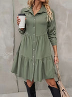 Elegant Long Sleeve A-line Casual Shirt Skirt - Army Green